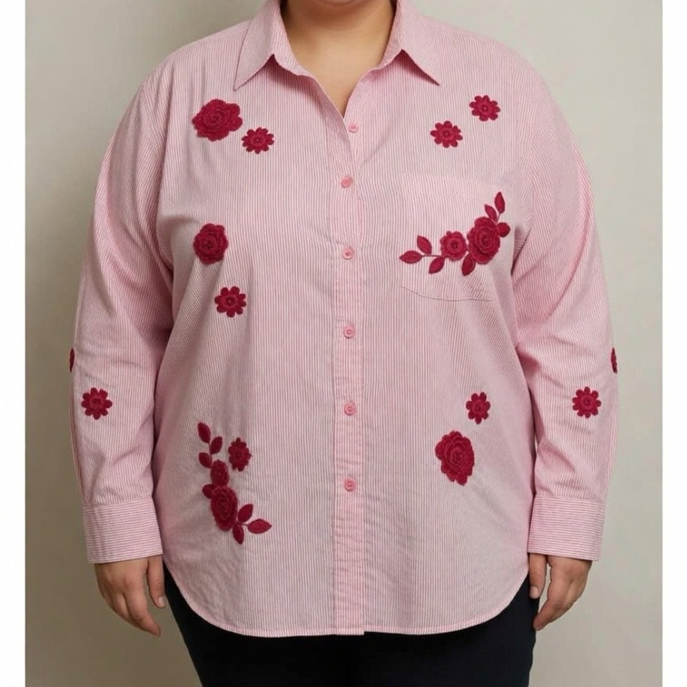 Drapers & Damons Stripped Long Sleeve Button Front Shirt Appliqué Plus Size 2X